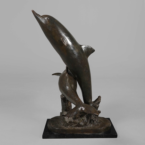 22 - CONTEMPORARY SCHOOL STUDY OF LEAPING DOLPHINS. cast metal, 95cm H approx.
