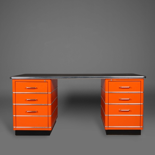 274 - MULLER CLASSIC LINE CHRYSLER DESK. orange lacquered steel, with six drawers, 77cm H x 176cm W x 80cm... 