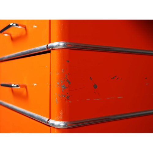274 - MULLER CLASSIC LINE CHRYSLER DESK. orange lacquered steel, with six drawers, 77cm H x 176cm W x 80cm... 