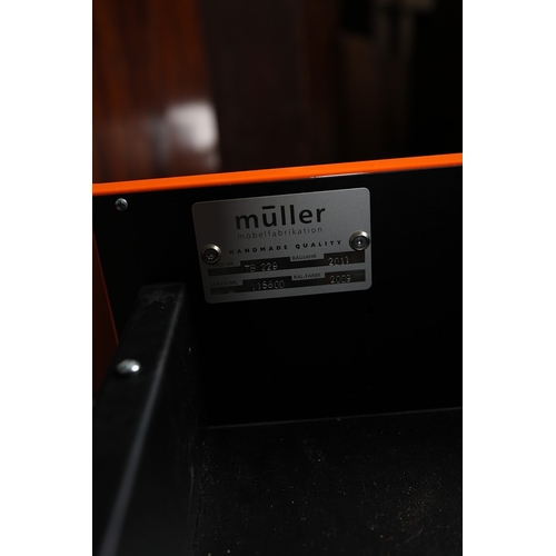 274 - MULLER CLASSIC LINE CHRYSLER DESK. orange lacquered steel, with six drawers, 77cm H x 176cm W x 80cm... 