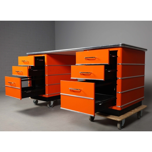 274 - MULLER CLASSIC LINE CHRYSLER DESK. orange lacquered steel, with six drawers, 77cm H x 176cm W x 80cm... 