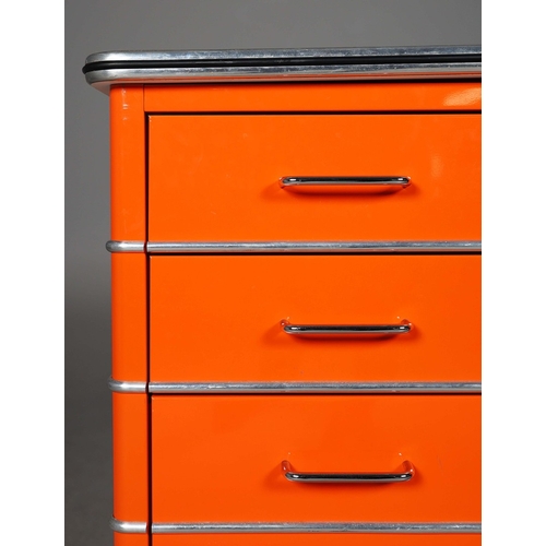 274 - MULLER CLASSIC LINE CHRYSLER DESK. orange lacquered steel, with six drawers, 77cm H x 176cm W x 80cm... 