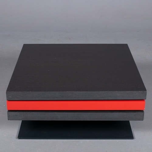 284 - LIGNE ROSET STRATES RED AND BLACK COFFEE TABLE. The top two tiers rotate
35cm H x 80cm W x 80cm D.