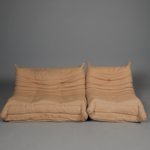 285 - LIGNE ROSET TOGO SOFA AND CHAIR (2). 130cm w in a tan fabric and a matching chair 80cm w, marks to f... 