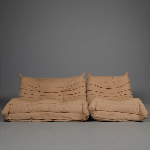 285 - LIGNE ROSET TOGO SOFA AND CHAIR (2). 130cm w in a tan fabric and a matching chair 80cm w, marks to f... 