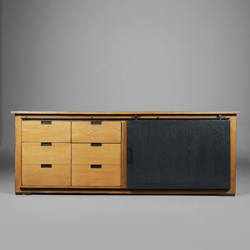 316 - ROCHE BOBOIS MAXIME SIDEBOARD. with six drawers and a sliding black door 88cm t x 233cm w x 54cm d.
