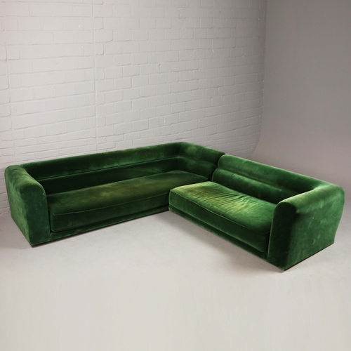 318 - ATTRIBUTED TO ROCHE BOBOIS CORNER SOFA. green velvet upholstery, 230cm x 230cm x 45cm approx.