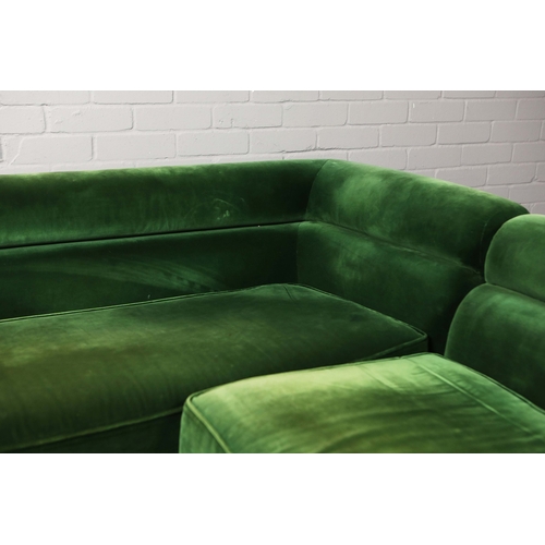 318 - ATTRIBUTED TO ROCHE BOBOIS CORNER SOFA. green velvet upholstery, 230cm x 230cm x 45cm approx.