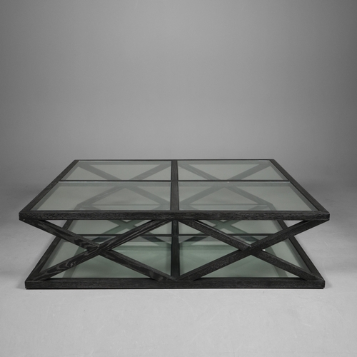 325 - OKA MARYLEBONE COFFEE TABLE. ebonised oak with glass plates, 42cm H x 160cm W x 140cm D.