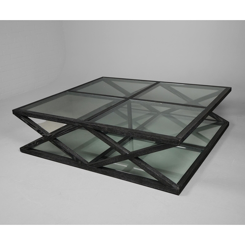 325 - OKA MARYLEBONE COFFEE TABLE. ebonised oak with glass plates, 42cm H x 160cm W x 140cm D.