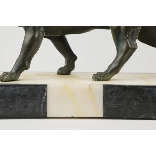 5 - A FRENCH ART DECO LION AND LIONESS SCULPTURE. in spelter on stepped black and white marble base. 85c... 