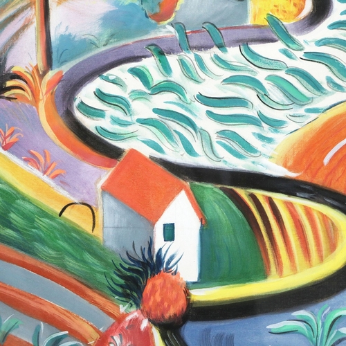 171 - AFTER DAVID HOCKNEY. NICHOLS CANYON. gouache on cotton, 104cm x 80cm, framed.