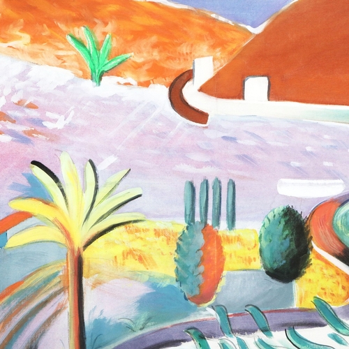 171 - AFTER DAVID HOCKNEY. NICHOLS CANYON. gouache on cotton, 104cm x 80cm, framed.