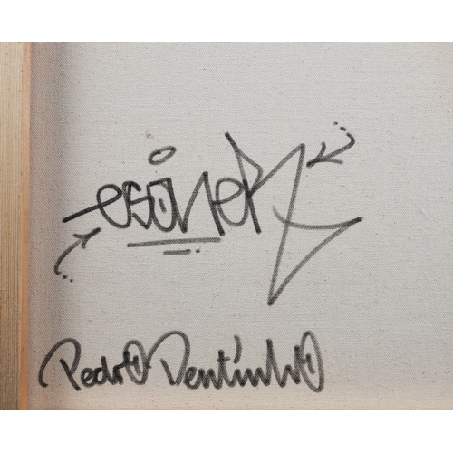 19 - PEDRO DENTINHO (B. 1972). ABSTRACT. oil on canvas, 71cm x 71cm, framed.