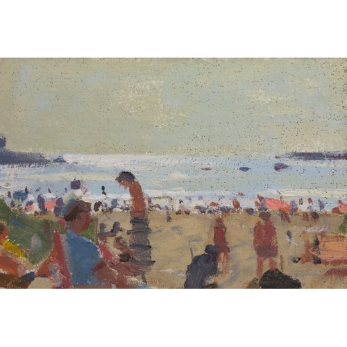 2 - KEN HOWARD (1932-2022). BEACH SCENE ON A SUMMER'S DAY. oil on panel, signed lower left, 16cm x 22cm ... 