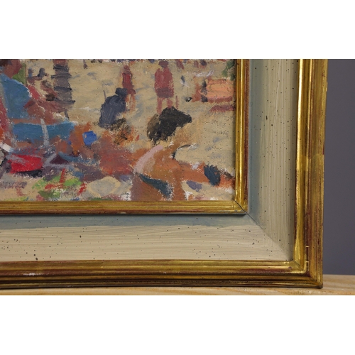 2 - KEN HOWARD (1932-2022). BEACH SCENE ON A SUMMER'S DAY. oil on panel, signed lower left, 16cm x 22cm ... 