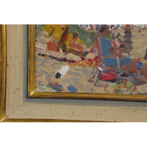 2 - KEN HOWARD (1932-2022). BEACH SCENE ON A SUMMER'S DAY. oil on panel, signed lower left, 16cm x 22cm ... 