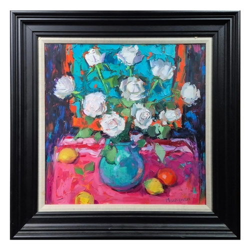 25 - JENNIFER MACKENZIE. STILL LIFE WITH ROSES. oil on canvas, 66cm x 66cm, framed.