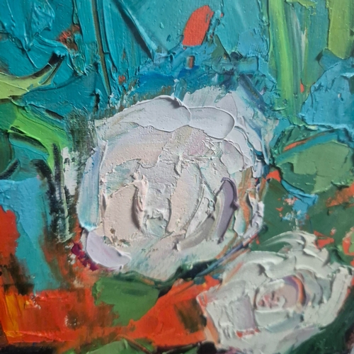 25 - JENNIFER MACKENZIE. STILL LIFE WITH ROSES. oil on canvas, 66cm x 66cm, framed.