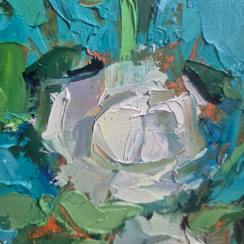 25 - JENNIFER MACKENZIE. STILL LIFE WITH ROSES. oil on canvas, 66cm x 66cm, framed.