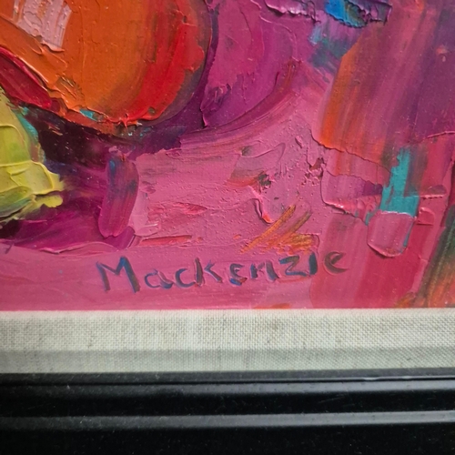 25 - JENNIFER MACKENZIE. STILL LIFE WITH ROSES. oil on canvas, 66cm x 66cm, framed.