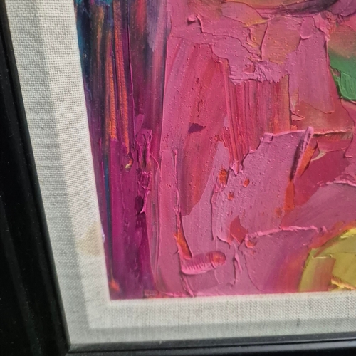 25 - JENNIFER MACKENZIE. STILL LIFE WITH ROSES. oil on canvas, 66cm x 66cm, framed.