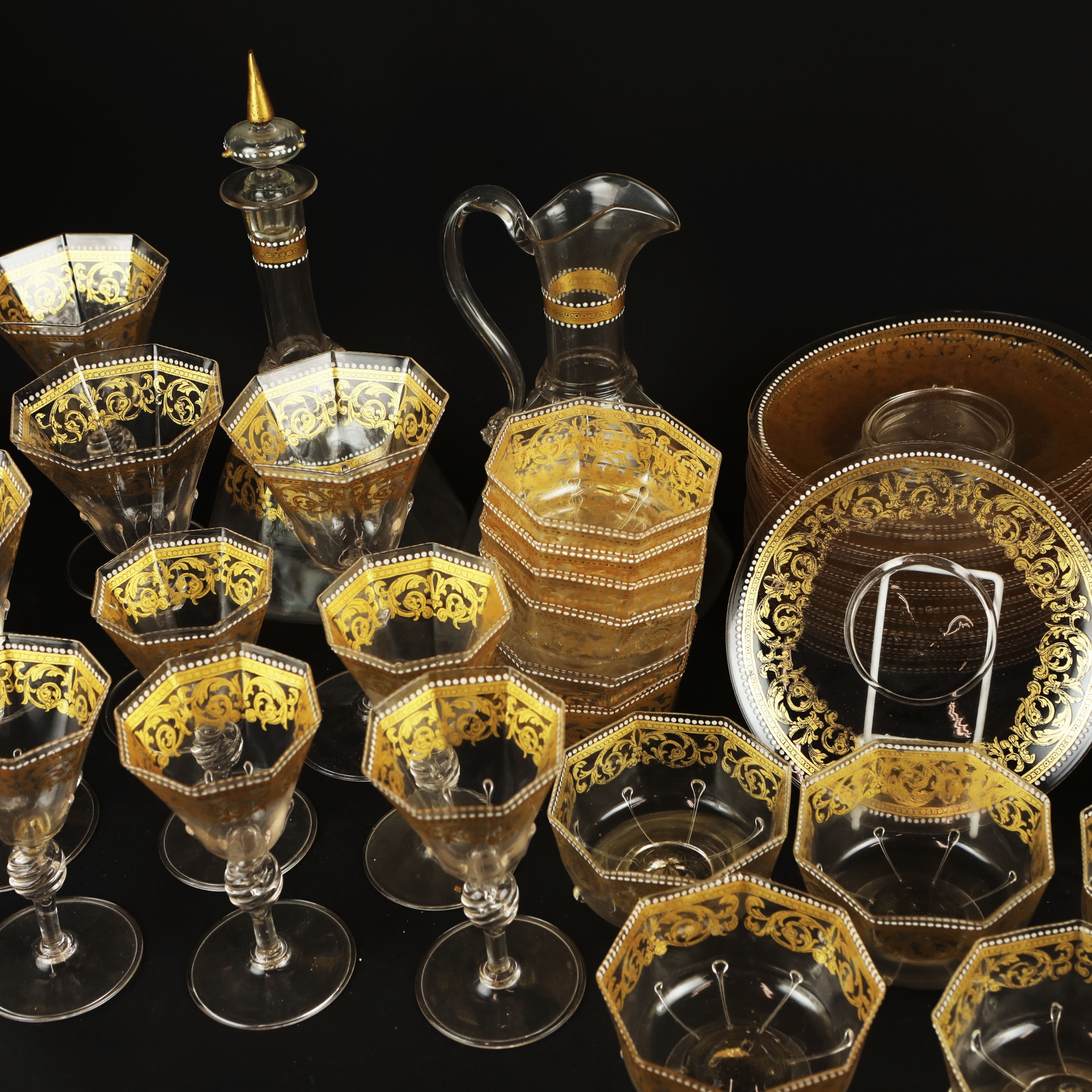 GLASSWARE, VENETIAN (qty). octagonal with decorative gilt detail ...