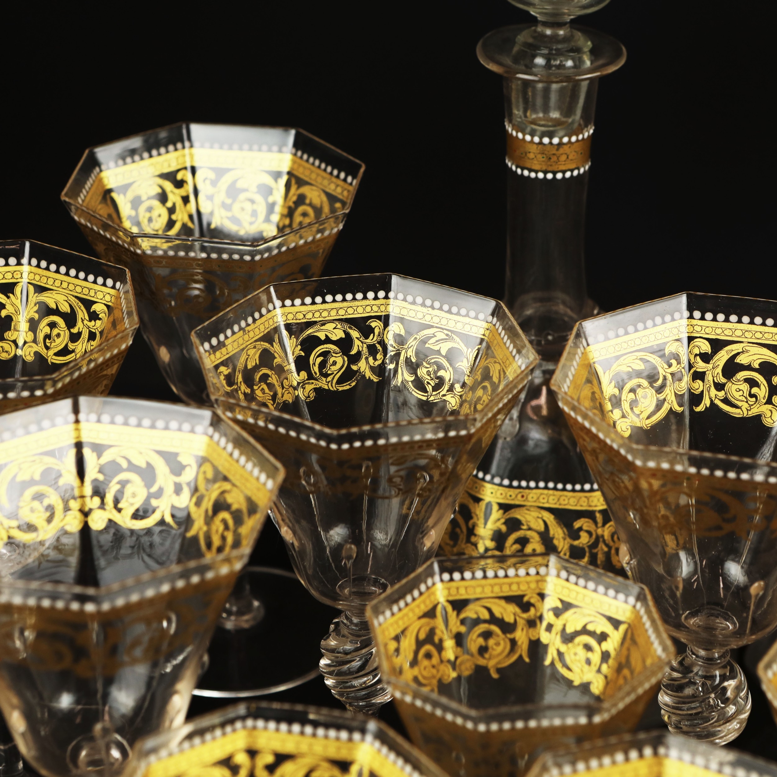 GLASSWARE, VENETIAN (qty). octagonal with decorative gilt detail ...