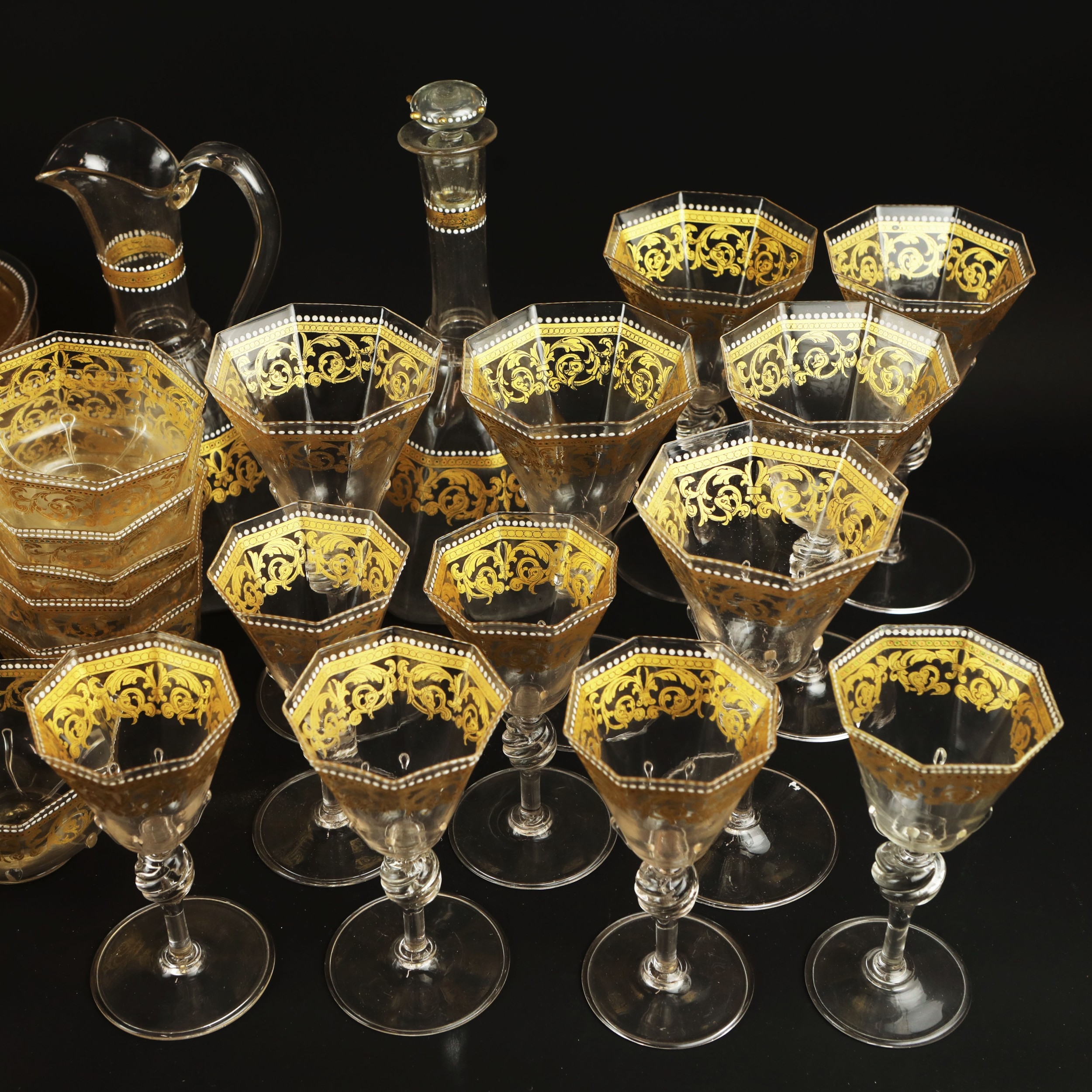 GLASSWARE, VENETIAN (qty). octagonal with decorative gilt detail ...