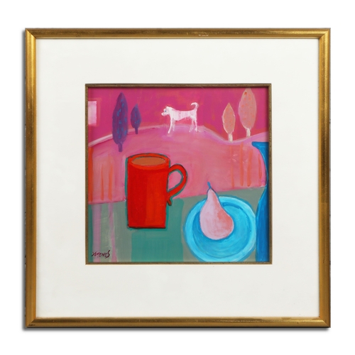 26 - GLORIA XIMENES (BRITISH 20TH C.). RED CUP AND PEAR. oil on board, still life, signed bottom left, fr... 