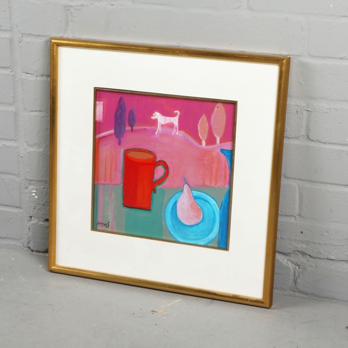 26 - GLORIA XIMENES (BRITISH 20TH C.). RED CUP AND PEAR. oil on board, still life, signed bottom left, fr... 