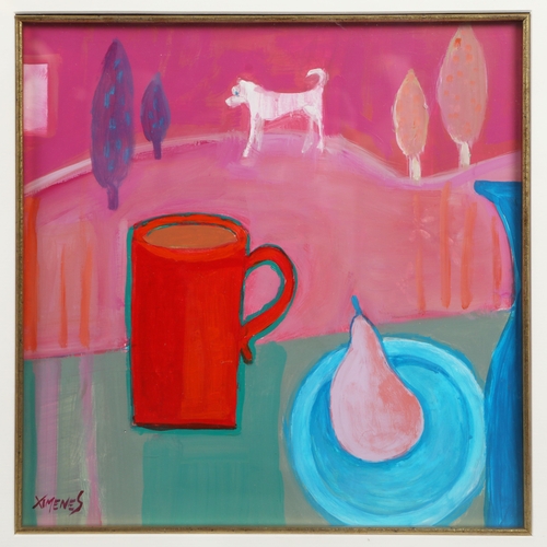 26 - GLORIA XIMENES (BRITISH 20TH C.). RED CUP AND PEAR. oil on board, still life, signed bottom left, fr... 