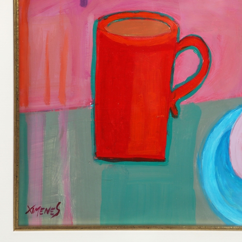26 - GLORIA XIMENES (BRITISH 20TH C.). RED CUP AND PEAR. oil on board, still life, signed bottom left, fr... 