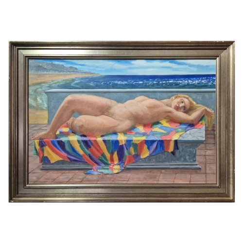 27 - FRANCES STAINTON (BRITISH 1935-2025). YOUNG WOMAN LAYING UPON A DAIS BY THE SEA. Oil on Board, 60cms... 