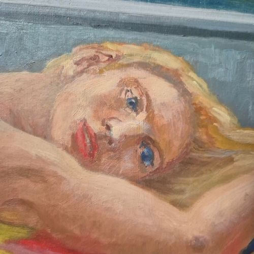 27 - FRANCES STAINTON (BRITISH 1935-2025). YOUNG WOMAN LAYING UPON A DAIS BY THE SEA. Oil on Board, 60cms... 