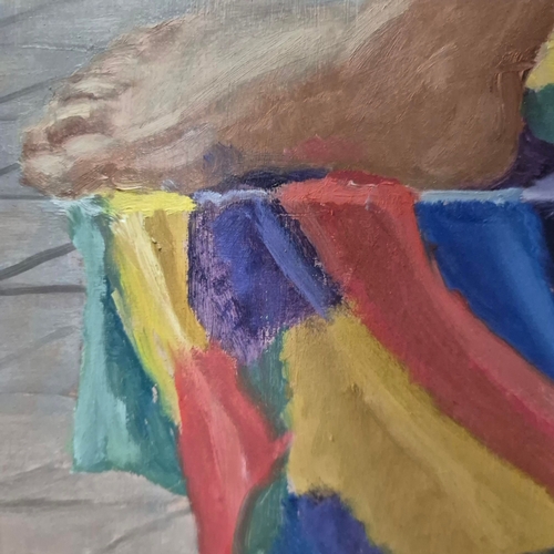 27 - FRANCES STAINTON (BRITISH 1935-2025). YOUNG WOMAN LAYING UPON A DAIS BY THE SEA. Oil on Board, 60cms... 