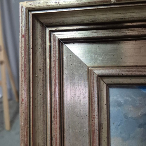 27 - FRANCES STAINTON (BRITISH 1935-2025). YOUNG WOMAN LAYING UPON A DAIS BY THE SEA. Oil on Board, 60cms... 