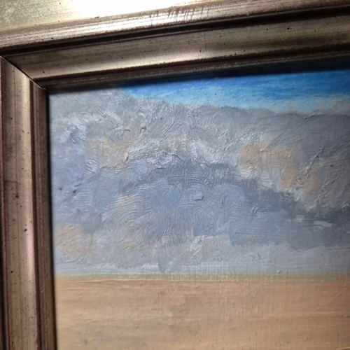 27 - FRANCES STAINTON (BRITISH 1935-2025). YOUNG WOMAN LAYING UPON A DAIS BY THE SEA. Oil on Board, 60cms... 