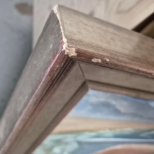 27 - FRANCES STAINTON (BRITISH 1935-2025). YOUNG WOMAN LAYING UPON A DAIS BY THE SEA. Oil on Board, 60cms... 