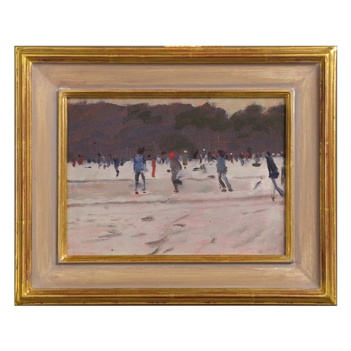 3 - KEN HOWARD (1932-2022). SKATERS. oil on panel, 16cm x 22cm, framed.