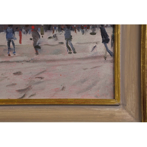 3 - KEN HOWARD (1932-2022). SKATERS. oil on panel, 16cm x 22cm, framed.