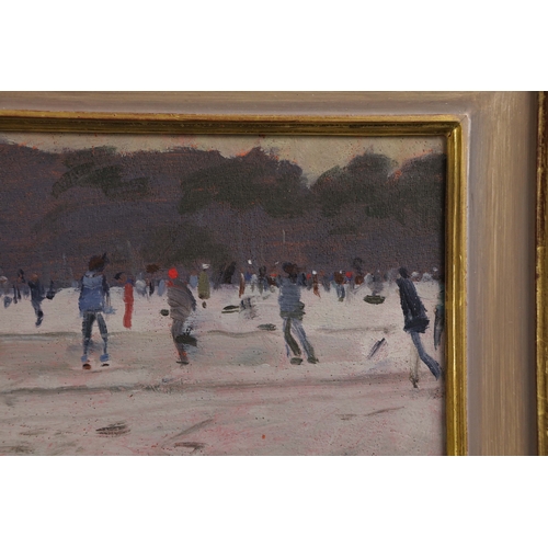 3 - KEN HOWARD (1932-2022). SKATERS. oil on panel, 16cm x 22cm, framed.