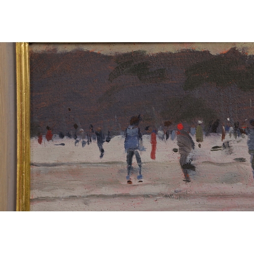 3 - KEN HOWARD (1932-2022). SKATERS. oil on panel, 16cm x 22cm, framed.