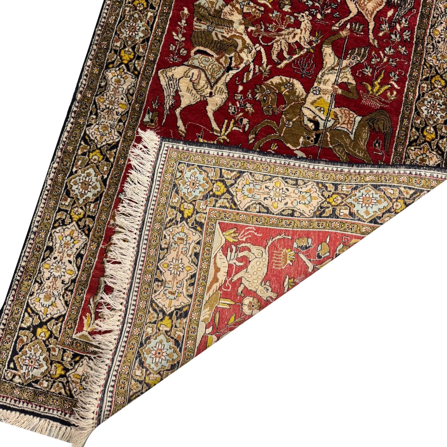 PURE SILK PERSIAN HUNTING DESIGN QUM RUG. 130cm x 80cm.