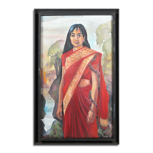 33 - ROBERT ORMESHER (20TH CENTURY BRITISH). PORTRAIT OF AN INDIAN GIRL WITH SNAKE. oil on canvas, 140cm ... 