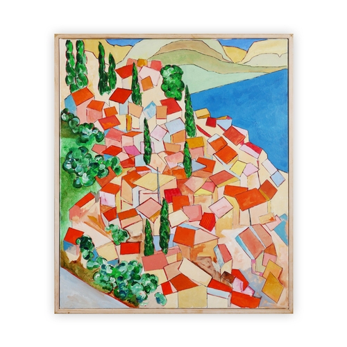 34 - RICHARD HEWLETT. VILLAGE LOOKING TO ALBANIA. oil on canvas, 63cm x 53cm, framed.