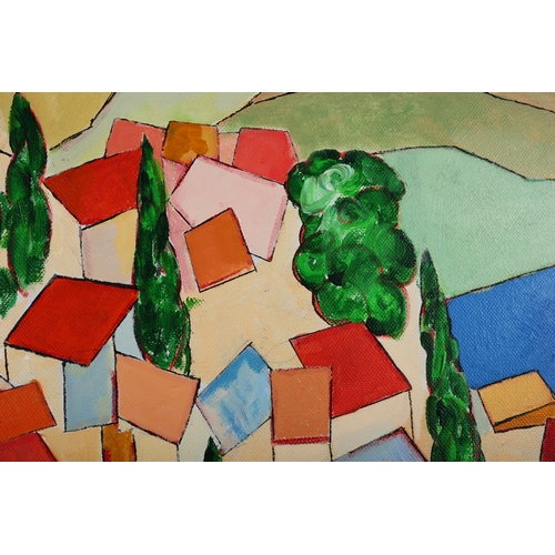 34 - RICHARD HEWLETT. VILLAGE LOOKING TO ALBANIA. oil on canvas, 63cm x 53cm, framed.