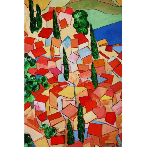 34 - RICHARD HEWLETT. VILLAGE LOOKING TO ALBANIA. oil on canvas, 63cm x 53cm, framed.
