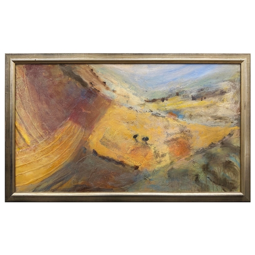 35 - JUDY WILLOUGHBY (BRITISH B.1949). TUSCAN LANDSCAPE. oil on board, 77cm x 123cm, framed.