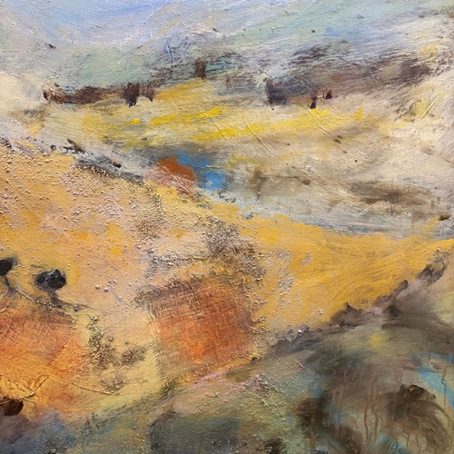 35 - JUDY WILLOUGHBY (BRITISH B.1949). TUSCAN LANDSCAPE. oil on board, 77cm x 123cm, framed.